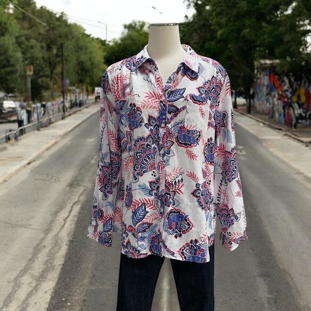 Charter Club 100% Linen Floral Button Downโ Shirt XL Boho Resort Coastal Cowgirl